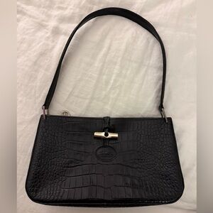 Longchamp Roseau Black Croc-Embossed Shoulder Bag with Silver Toggle